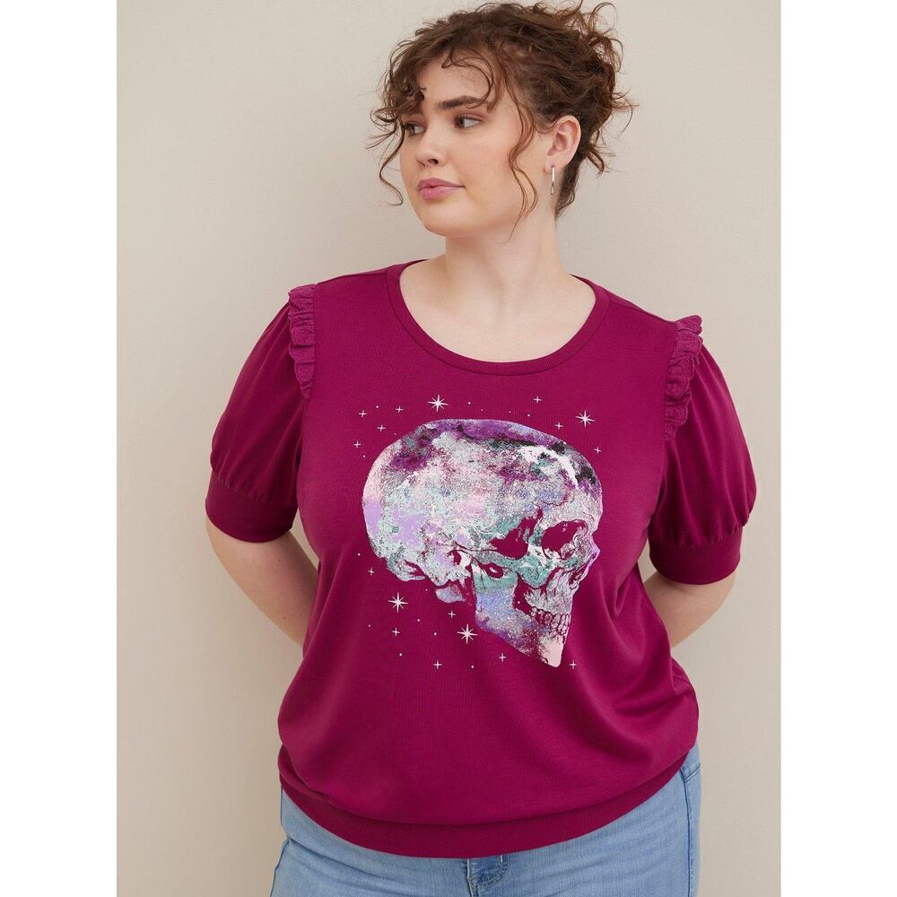 Torrid Plus Size 3X Skull Graphic French Terry Short Sleeve Sweatshirt Purple